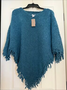 J. Jill Teal Knit Fringe Poncho